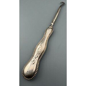 Antique Button Hook Sterling Silver Handle Steel Hook 6" Beaded Edge Monogram Te